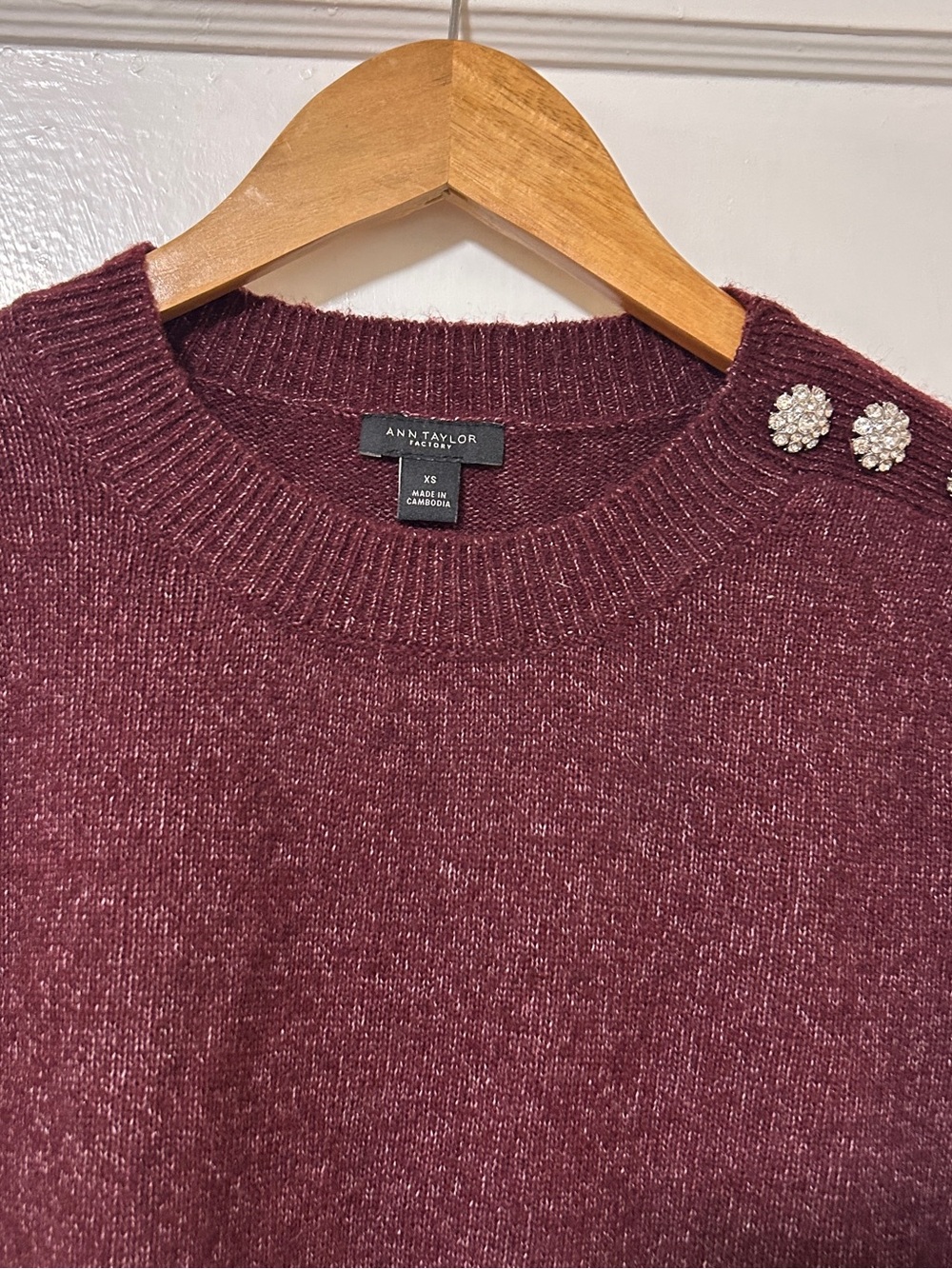 Ann Taylor Factory Burgundy Crewneck Sweater with Decorative Shoulder Buttons